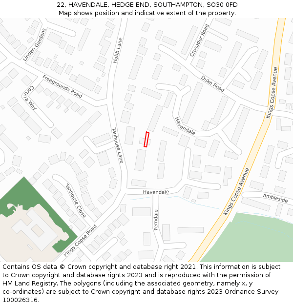 22, HAVENDALE, HEDGE END, SOUTHAMPTON, SO30 0FD: Location map and indicative extent of plot