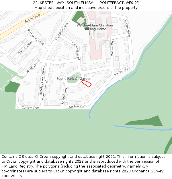 22, KESTREL WAY, SOUTH ELMSALL, PONTEFRACT, WF9 2FJ: Location map and indicative extent of plot