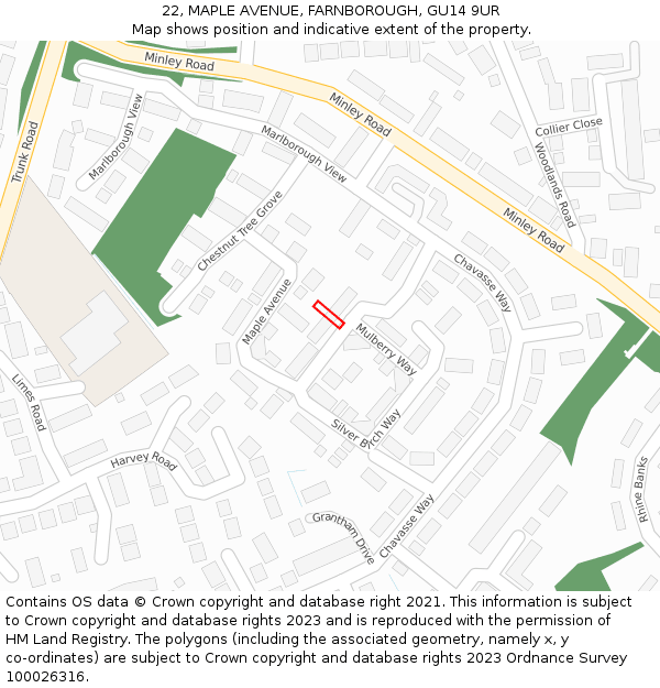 22, MAPLE AVENUE, FARNBOROUGH, GU14 9UR: Location map and indicative extent of plot