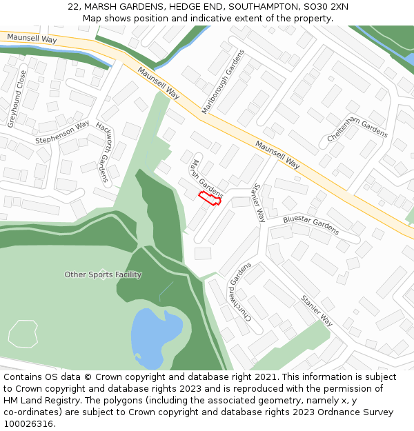 22, MARSH GARDENS, HEDGE END, SOUTHAMPTON, SO30 2XN: Location map and indicative extent of plot