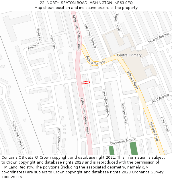 22, NORTH SEATON ROAD, ASHINGTON, NE63 0EQ: Location map and indicative extent of plot