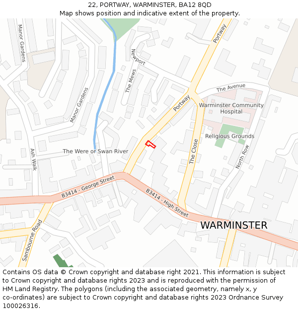 22, PORTWAY, WARMINSTER, BA12 8QD: Location map and indicative extent of plot