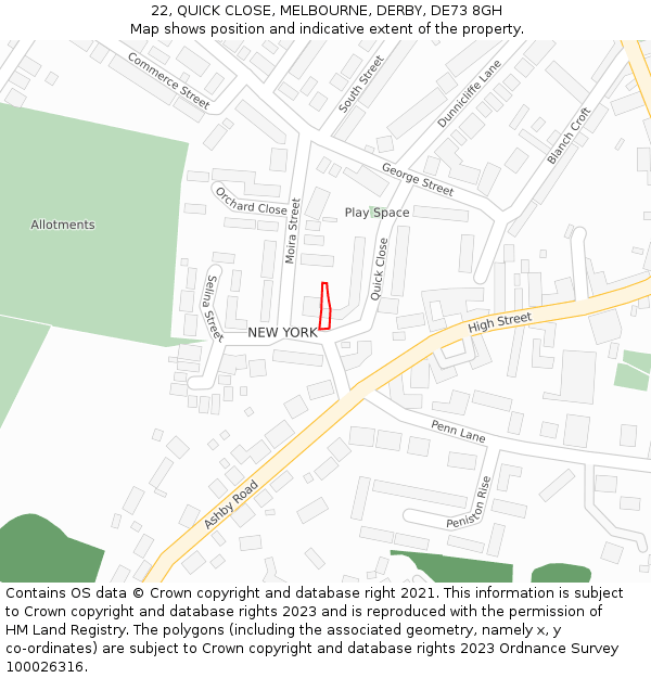 22, QUICK CLOSE, MELBOURNE, DERBY, DE73 8GH: Location map and indicative extent of plot