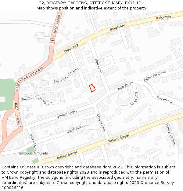 22, RIDGEWAY GARDENS, OTTERY ST. MARY, EX11 1DU: Location map and indicative extent of plot