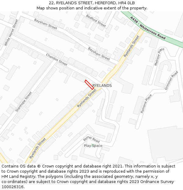 22, RYELANDS STREET, HEREFORD, HR4 0LB: Location map and indicative extent of plot