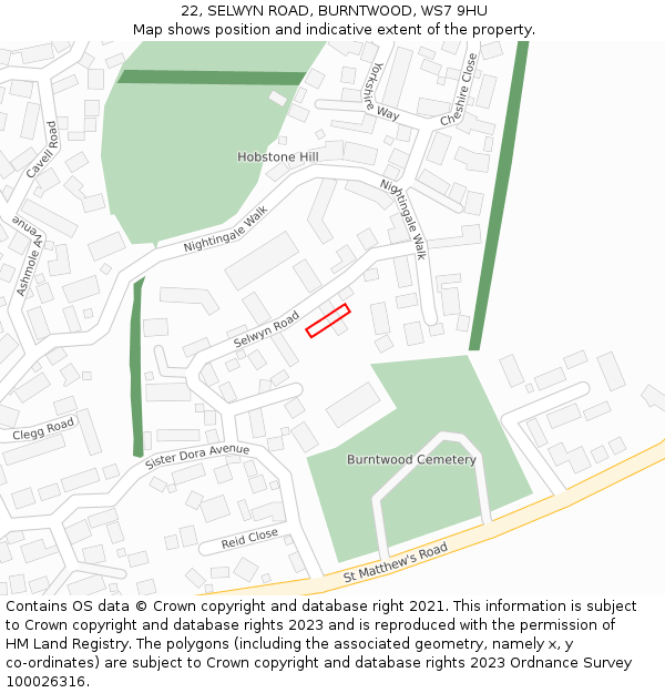 22, SELWYN ROAD, BURNTWOOD, WS7 9HU: Location map and indicative extent of plot