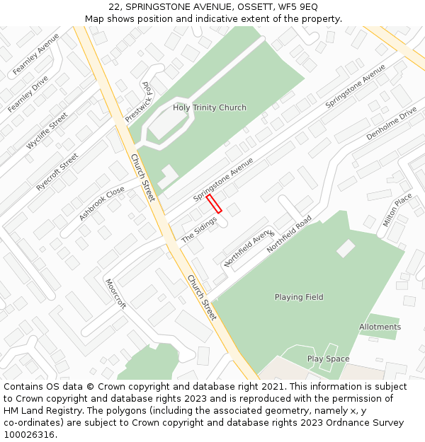 22, SPRINGSTONE AVENUE, OSSETT, WF5 9EQ: Location map and indicative extent of plot