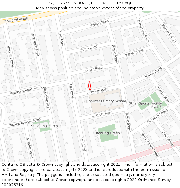 22, TENNYSON ROAD, FLEETWOOD, FY7 6QL: Location map and indicative extent of plot