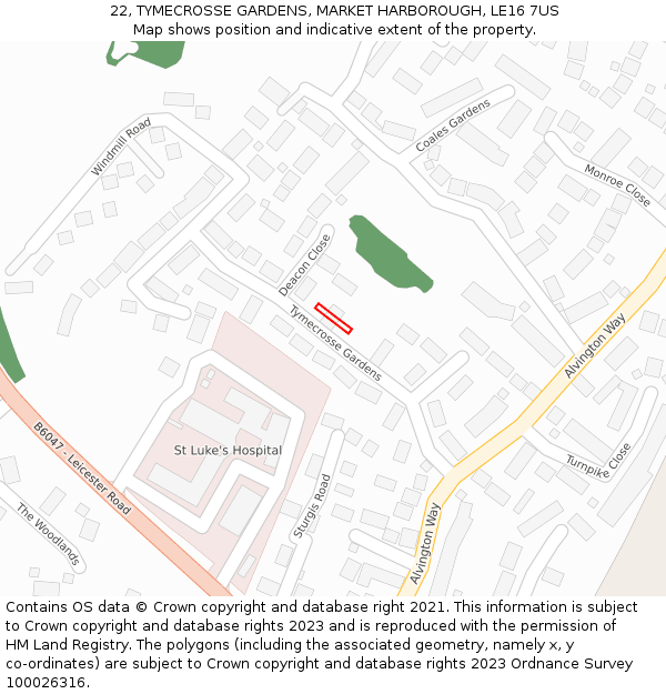 22, TYMECROSSE GARDENS, MARKET HARBOROUGH, LE16 7US: Location map and indicative extent of plot