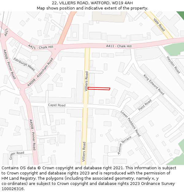 22, VILLIERS ROAD, WATFORD, WD19 4AH: Location map and indicative extent of plot