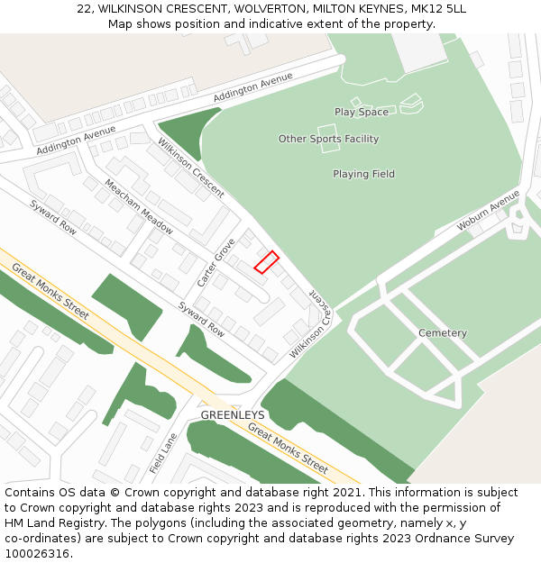 22, WILKINSON CRESCENT, WOLVERTON, MILTON KEYNES, MK12 5LL: Location map and indicative extent of plot