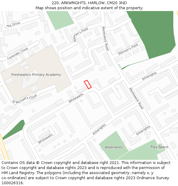 220, ARKWRIGHTS, HARLOW, CM20 3ND: Location map and indicative extent of plot