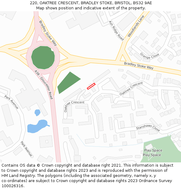 220, OAKTREE CRESCENT, BRADLEY STOKE, BRISTOL, BS32 9AE: Location map and indicative extent of plot