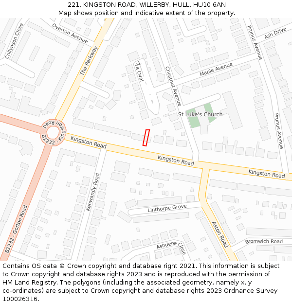 221, KINGSTON ROAD, WILLERBY, HULL, HU10 6AN: Location map and indicative extent of plot