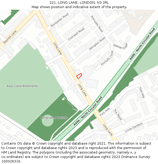 221, LONG LANE, LONDON, N3 2RL: Location map and indicative extent of plot