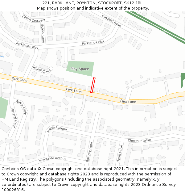 221, PARK LANE, POYNTON, STOCKPORT, SK12 1RH: Location map and indicative extent of plot