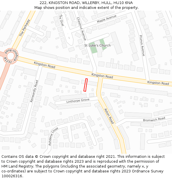 222, KINGSTON ROAD, WILLERBY, HULL, HU10 6NA: Location map and indicative extent of plot