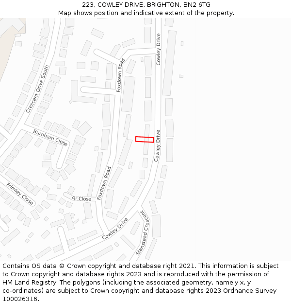 223, COWLEY DRIVE, BRIGHTON, BN2 6TG: Location map and indicative extent of plot