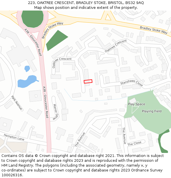 223, OAKTREE CRESCENT, BRADLEY STOKE, BRISTOL, BS32 9AQ: Location map and indicative extent of plot