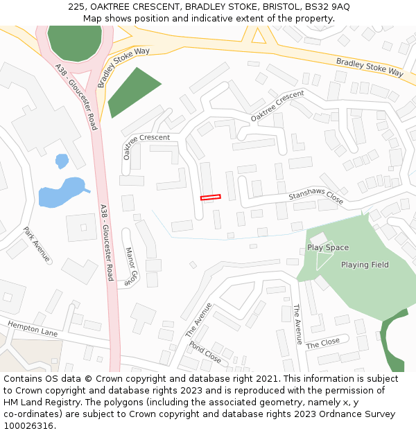 225, OAKTREE CRESCENT, BRADLEY STOKE, BRISTOL, BS32 9AQ: Location map and indicative extent of plot