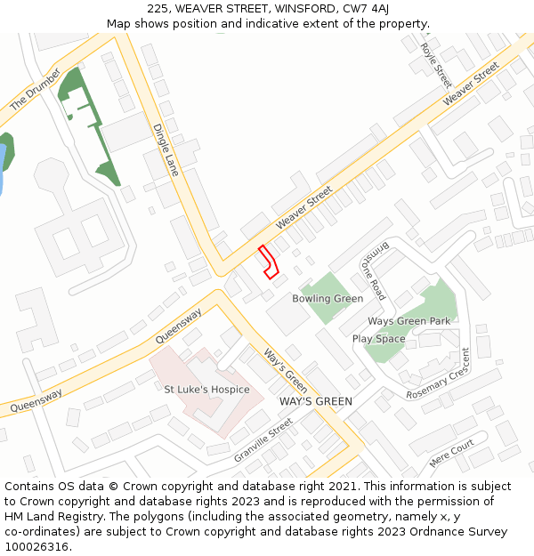 225, WEAVER STREET, WINSFORD, CW7 4AJ: Location map and indicative extent of plot