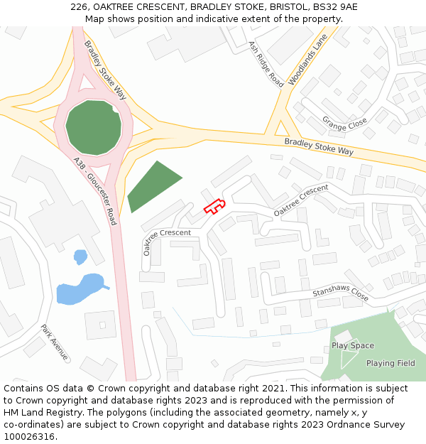 226, OAKTREE CRESCENT, BRADLEY STOKE, BRISTOL, BS32 9AE: Location map and indicative extent of plot