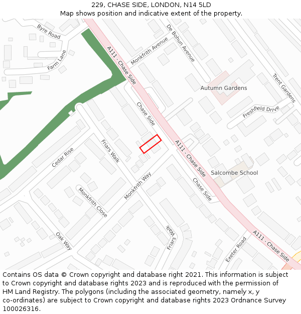 229, CHASE SIDE, LONDON, N14 5LD: Location map and indicative extent of plot
