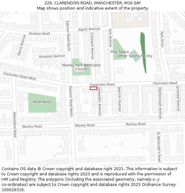229, CLARENDON ROAD, MANCHESTER, M16 0AY: Location map and indicative extent of plot