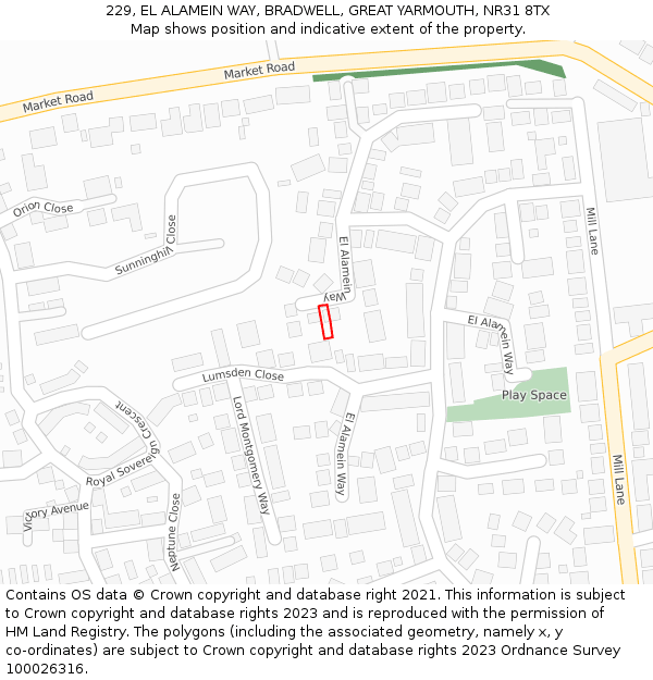 229, EL ALAMEIN WAY, BRADWELL, GREAT YARMOUTH, NR31 8TX: Location map and indicative extent of plot