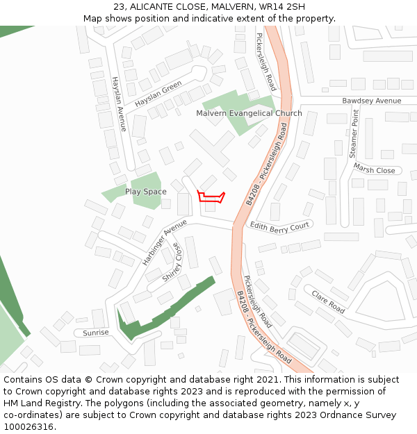 23, ALICANTE CLOSE, MALVERN, WR14 2SH: Location map and indicative extent of plot