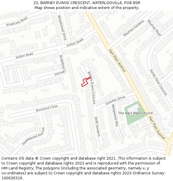 23, BARNEY EVANS CRESCENT, WATERLOOVILLE, PO8 8SR: Location map and indicative extent of plot