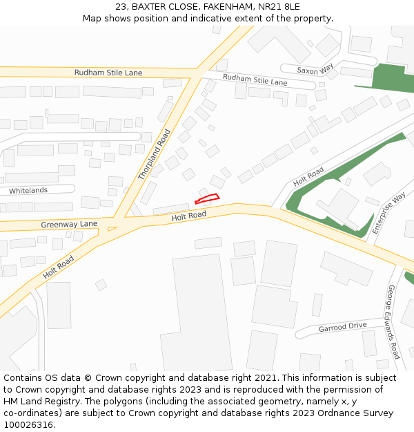 23, BAXTER CLOSE, FAKENHAM, NR21 8LE: Location map and indicative extent of plot