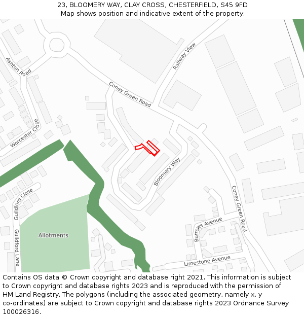 23, BLOOMERY WAY, CLAY CROSS, CHESTERFIELD, S45 9FD: Location map and indicative extent of plot