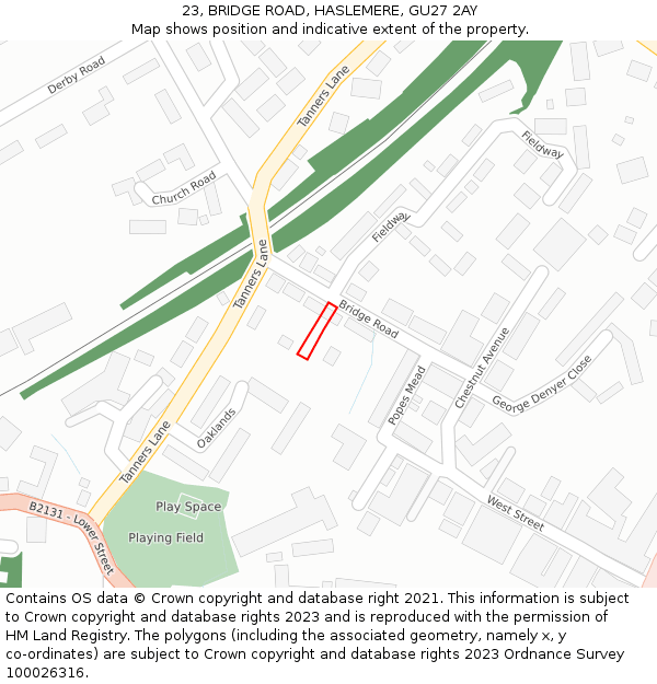 23, BRIDGE ROAD, HASLEMERE, GU27 2AY: Location map and indicative extent of plot