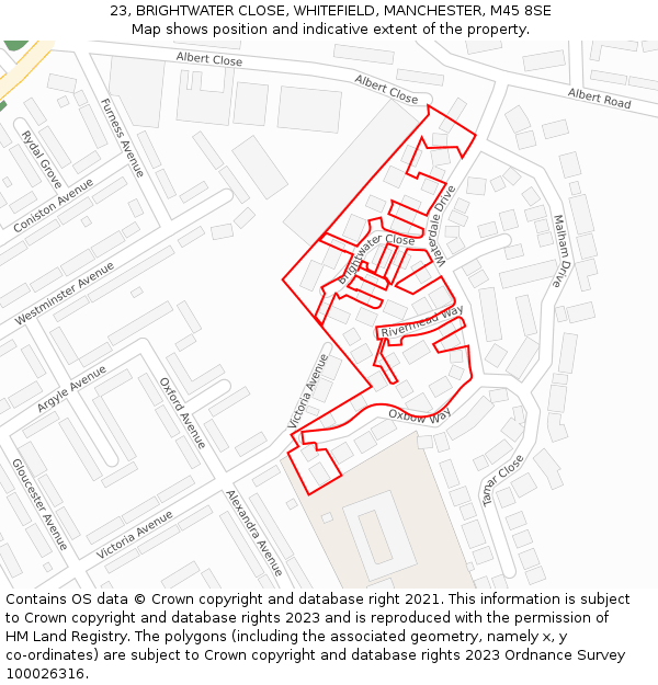 23, BRIGHTWATER CLOSE, WHITEFIELD, MANCHESTER, M45 8SE: Location map and indicative extent of plot