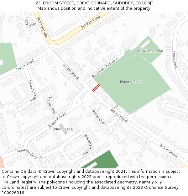 23, BROOM STREET, GREAT CORNARD, SUDBURY, CO10 0JT: Location map and indicative extent of plot
