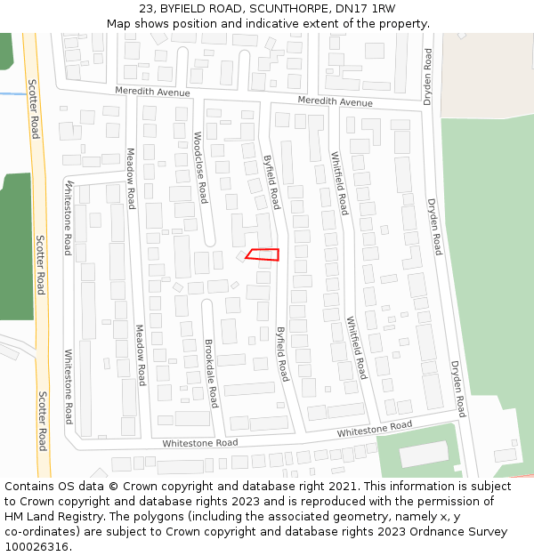 23, BYFIELD ROAD, SCUNTHORPE, DN17 1RW: Location map and indicative extent of plot