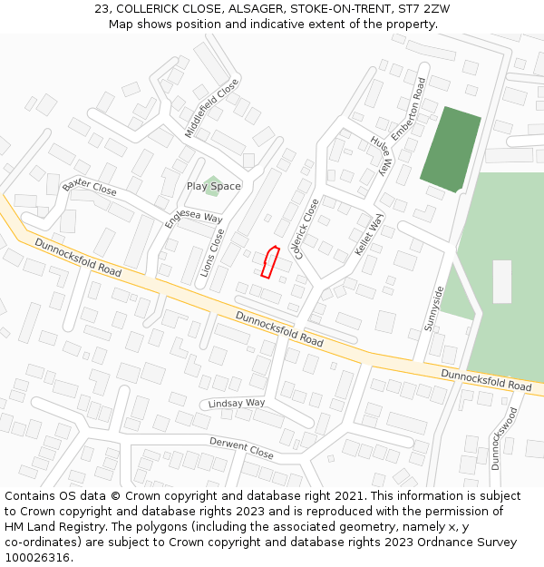 23, COLLERICK CLOSE, ALSAGER, STOKE-ON-TRENT, ST7 2ZW: Location map and indicative extent of plot