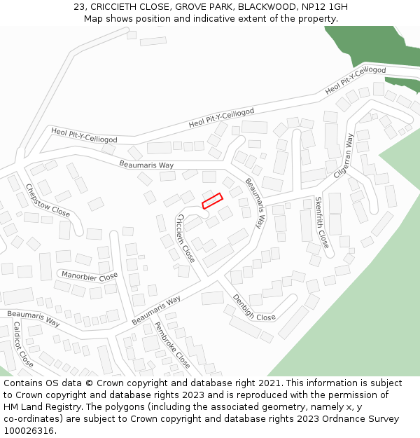 23, CRICCIETH CLOSE, GROVE PARK, BLACKWOOD, NP12 1GH: Location map and indicative extent of plot