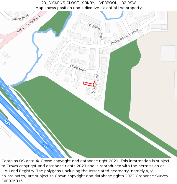 23, DICKENS CLOSE, KIRKBY, LIVERPOOL, L32 9SW: Location map and indicative extent of plot