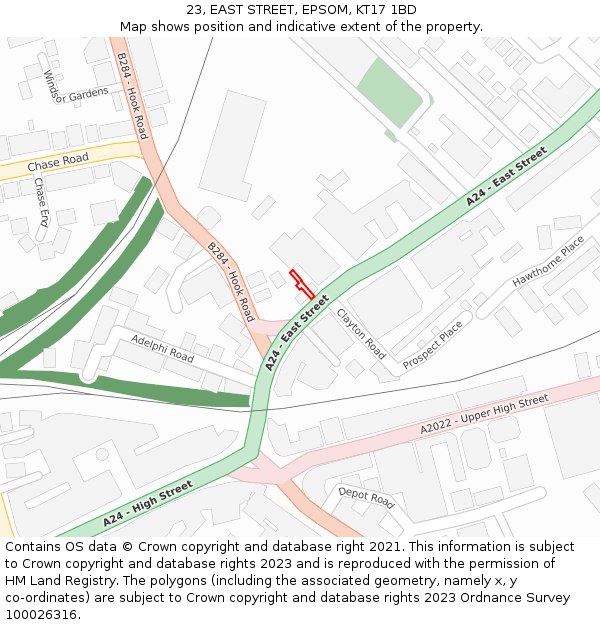 23, EAST STREET, EPSOM, KT17 1BD: Location map and indicative extent of plot