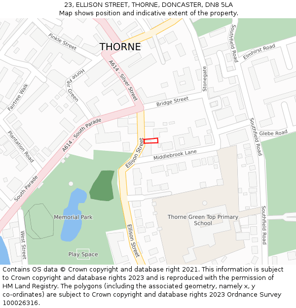 23, ELLISON STREET, THORNE, DONCASTER, DN8 5LA: Location map and indicative extent of plot