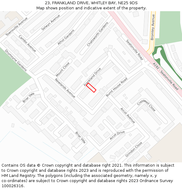 23, FRANKLAND DRIVE, WHITLEY BAY, NE25 9DS: Location map and indicative extent of plot