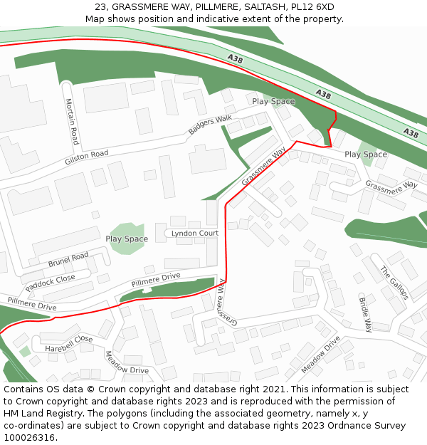 23, GRASSMERE WAY, PILLMERE, SALTASH, PL12 6XD: Location map and indicative extent of plot