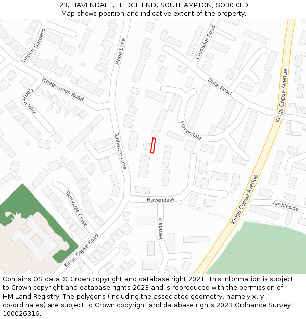 23, HAVENDALE, HEDGE END, SOUTHAMPTON, SO30 0FD: Location map and indicative extent of plot