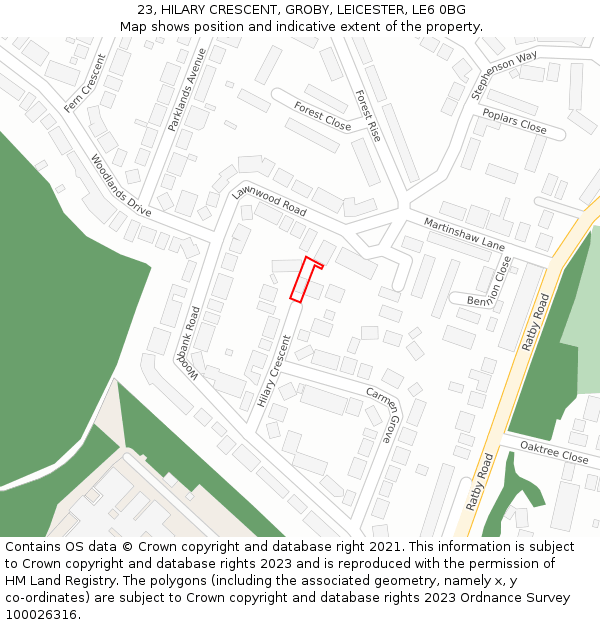 23, HILARY CRESCENT, GROBY, LEICESTER, LE6 0BG: Location map and indicative extent of plot