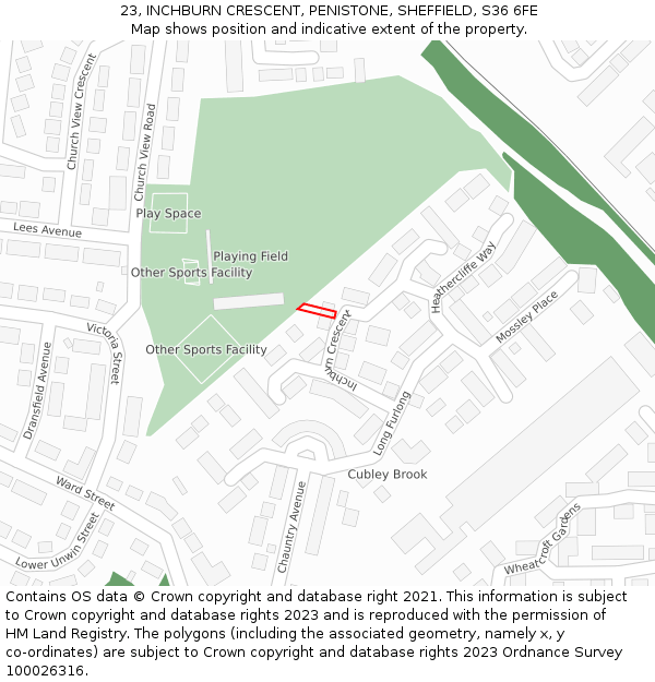 23, INCHBURN CRESCENT, PENISTONE, SHEFFIELD, S36 6FE: Location map and indicative extent of plot