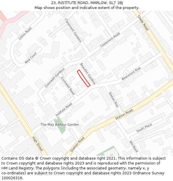 23, INSTITUTE ROAD, MARLOW, SL7 1BJ: Location map and indicative extent of plot