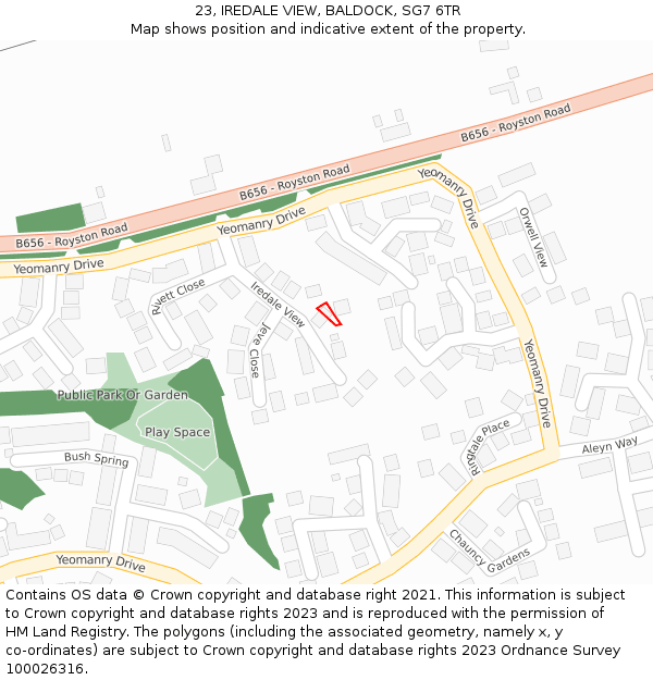 23, IREDALE VIEW, BALDOCK, SG7 6TR: Location map and indicative extent of plot