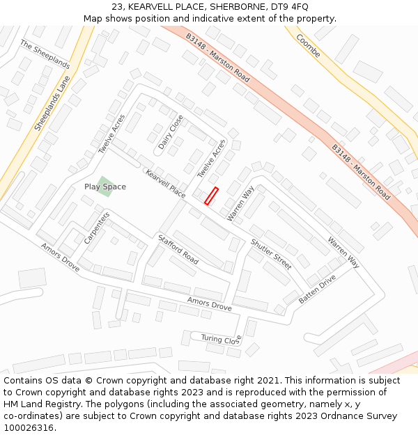 23, KEARVELL PLACE, SHERBORNE, DT9 4FQ: Location map and indicative extent of plot